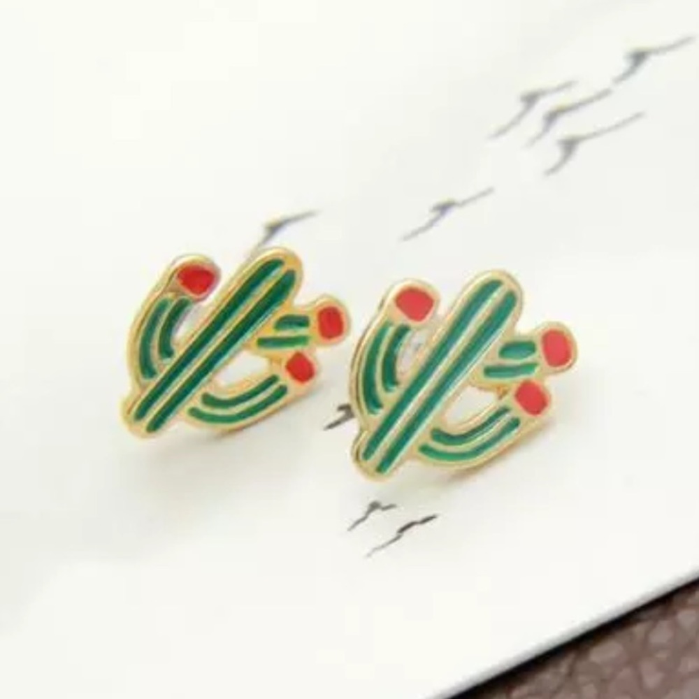 Cutesy Cactus Stud Earrings Green Red Dainty New - Picture 1 of 5